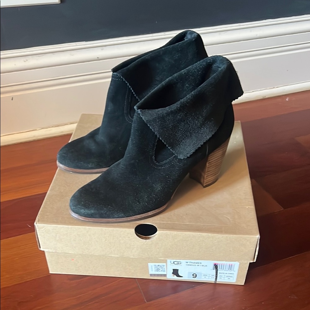 UGG Black Ankle Booties with Suede Finish and Wooden Heel